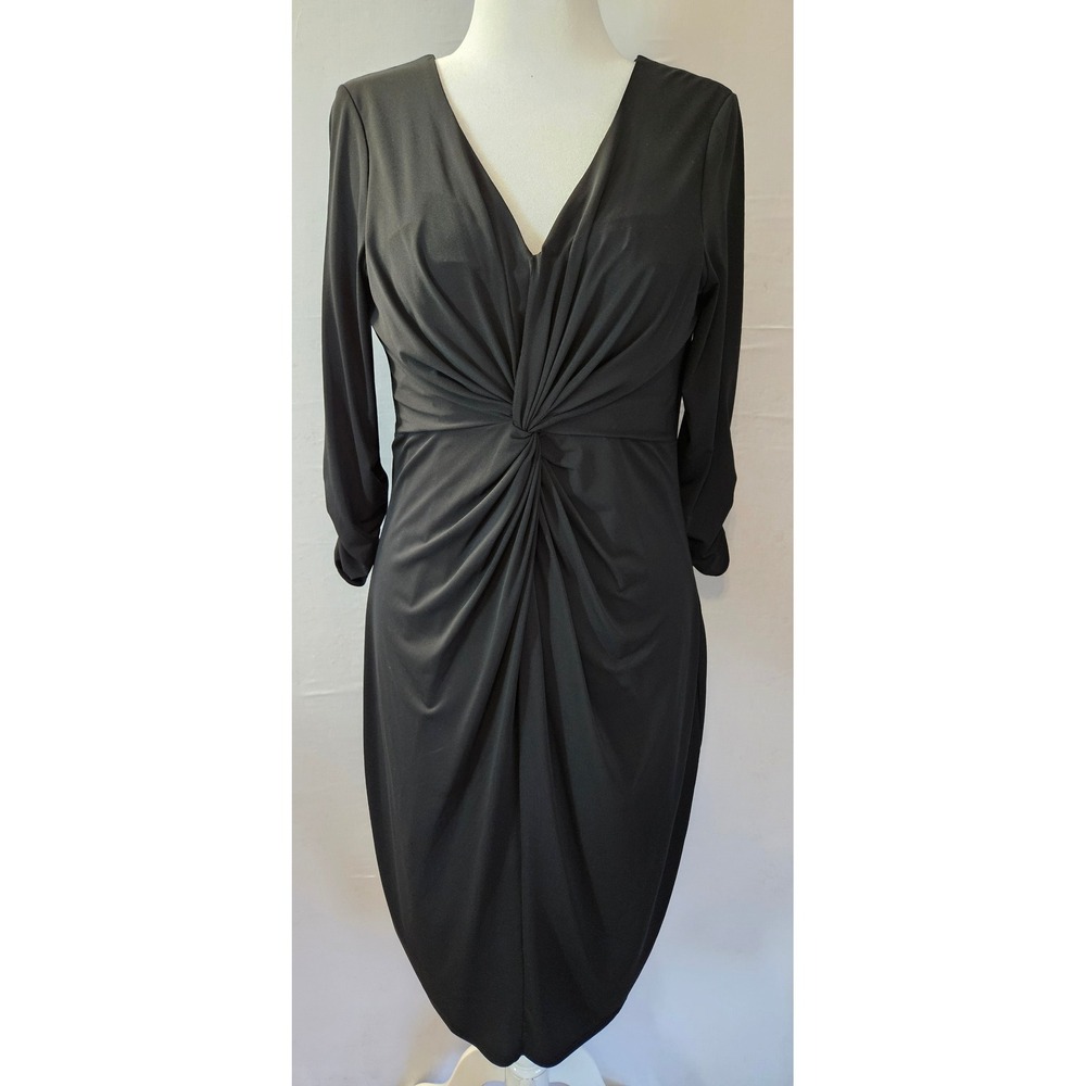 Miss Tina Black Twist Front V-Neck Midi Dress 3/4 Sleeve Sheath Size L